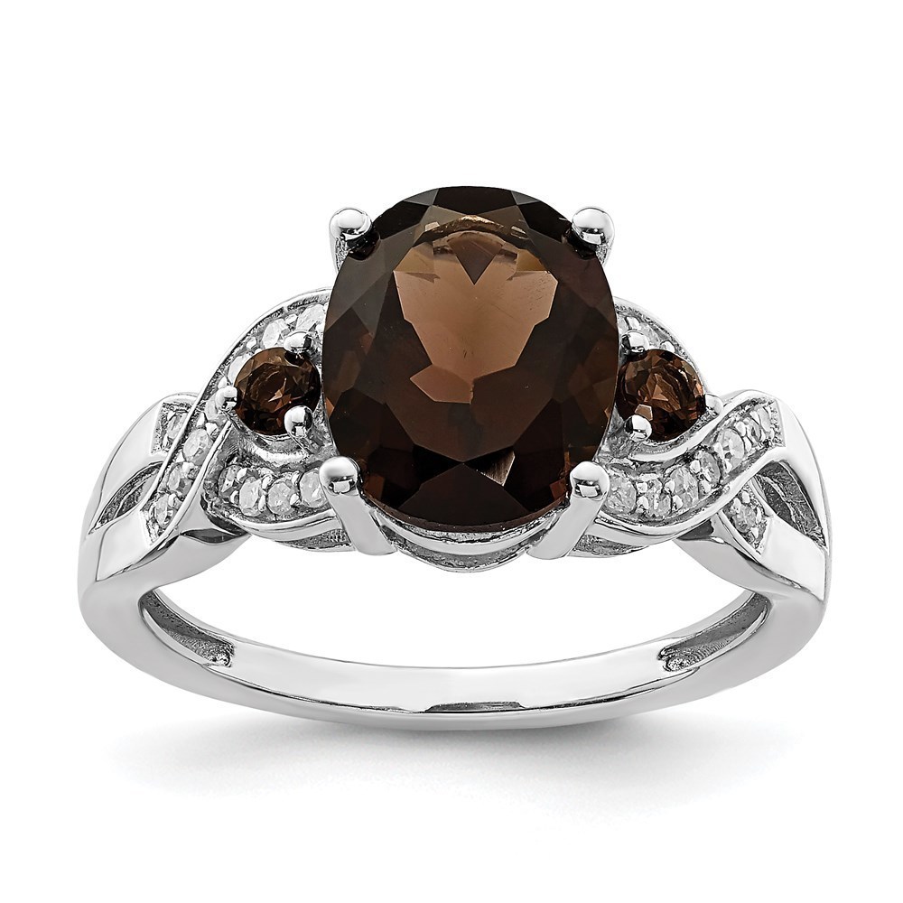 925 Sterling Silver Rhodium Oval Diam. & Smoky Quartz Ring